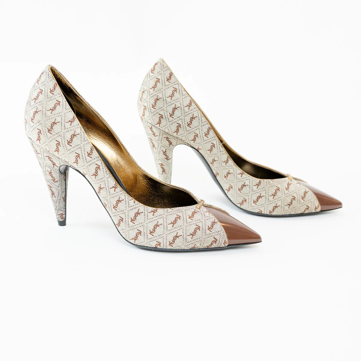 Saint Laurent Monogram Canvas Lola Pumps with Gold Accents Size 38 Coeur Cult Core
