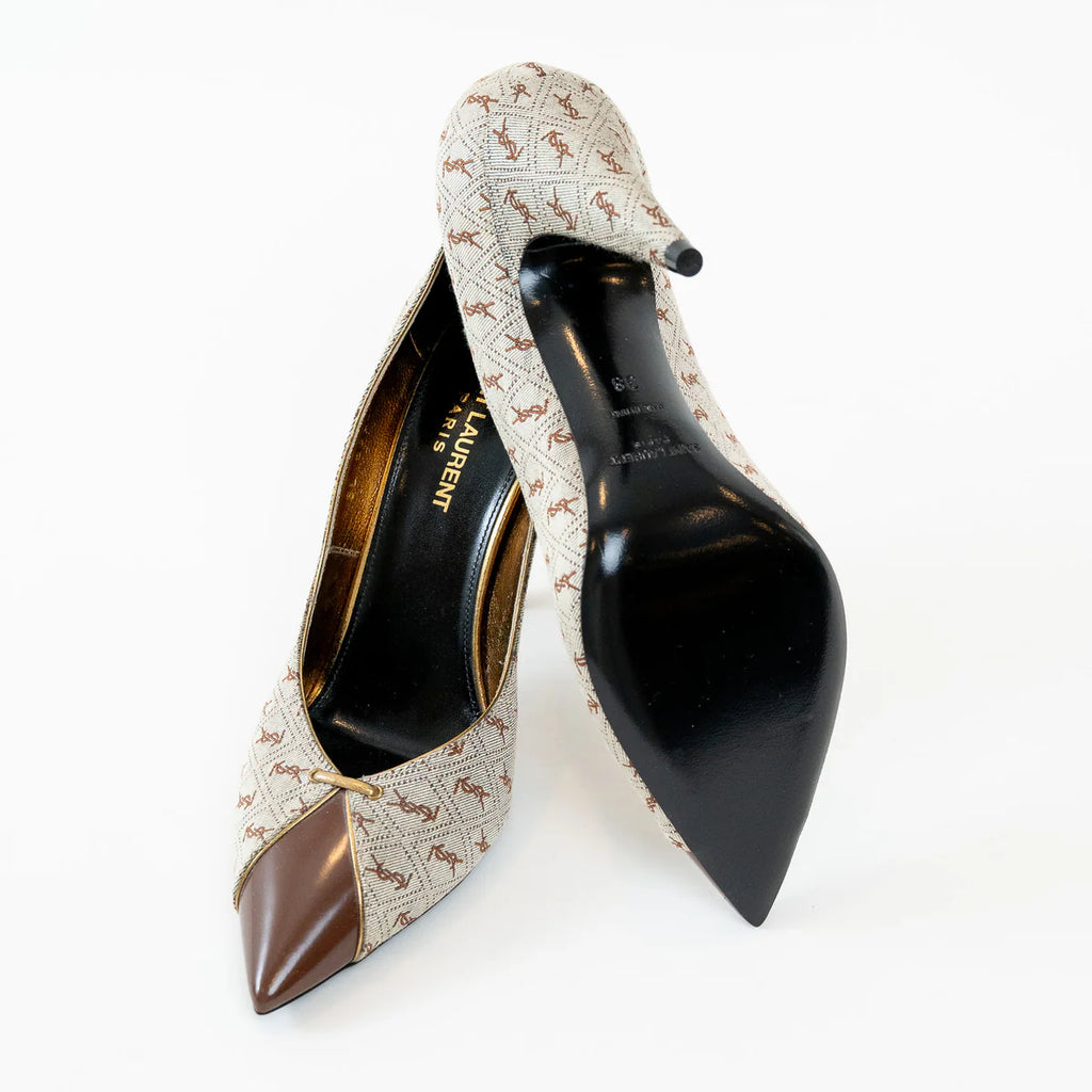 Saint Laurent Monogram Canvas Lola Pumps with Gold Accents Size 38 Coeur Cult Core