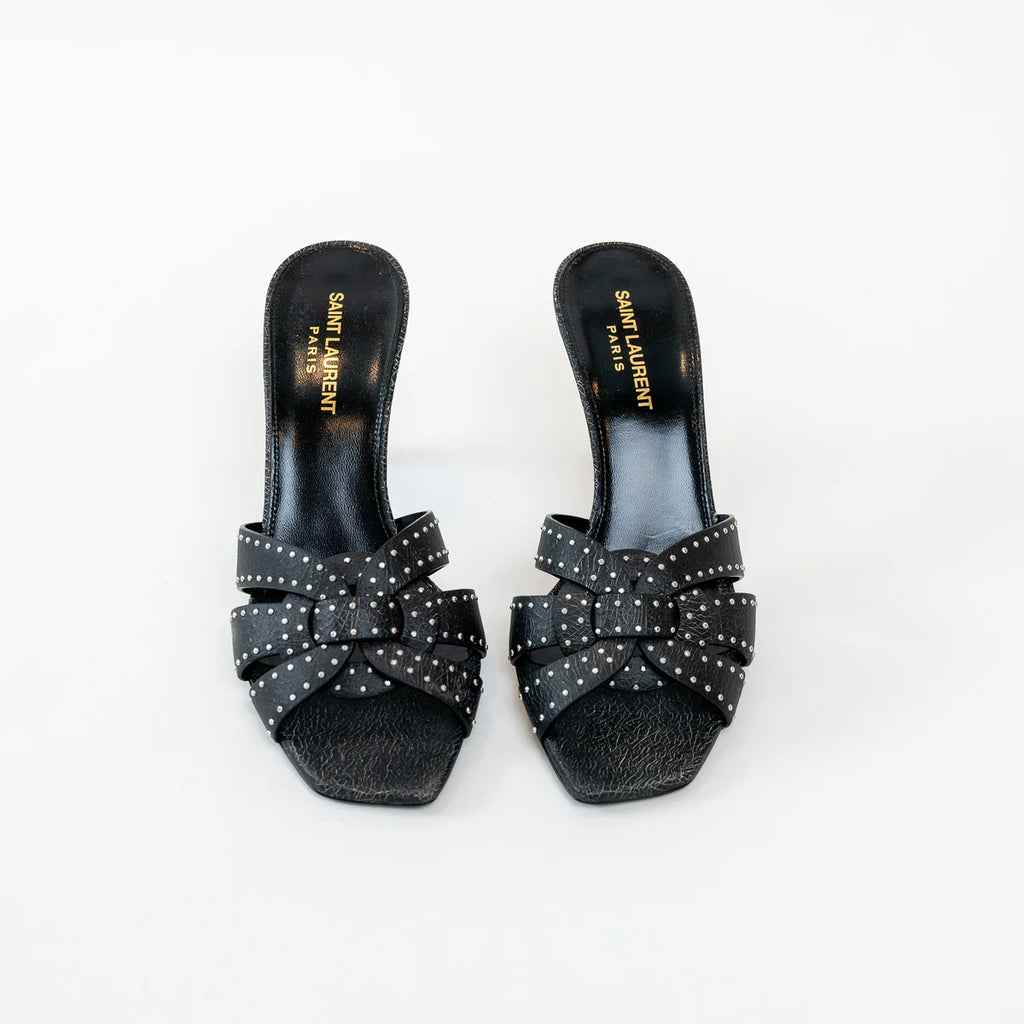 Saint Laurent Black Cracked Leather Studded Sandals Size 38.5 Coeur Cult Core