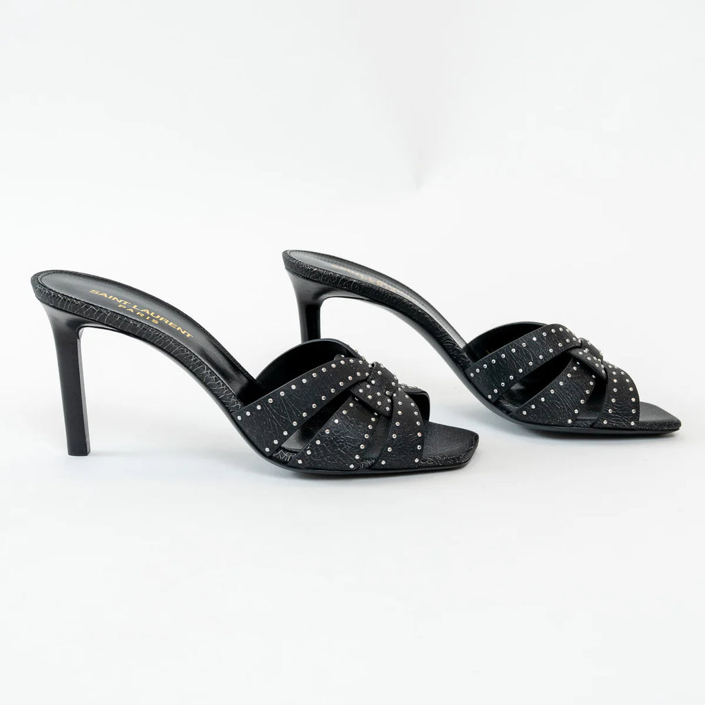 Saint Laurent Black Cracked Leather Studded Sandals Size 38.5 Coeur Cult Core