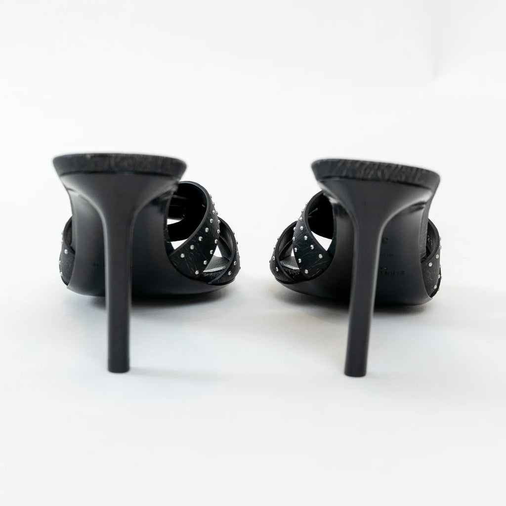 Saint Laurent Black Cracked Leather Studded Sandals Size 38.5 Coeur Cult Core