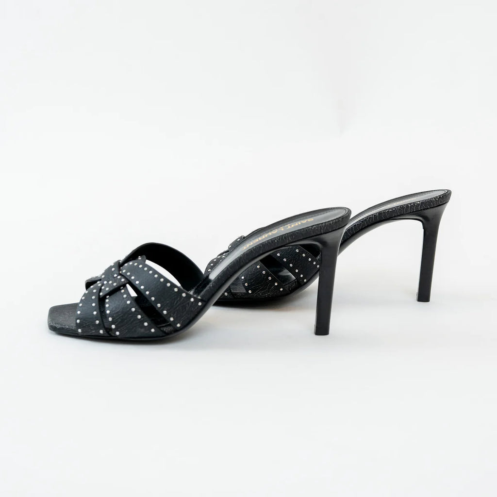 Saint Laurent Black Cracked Leather Studded Sandals Size 38.5 Coeur Cult Core