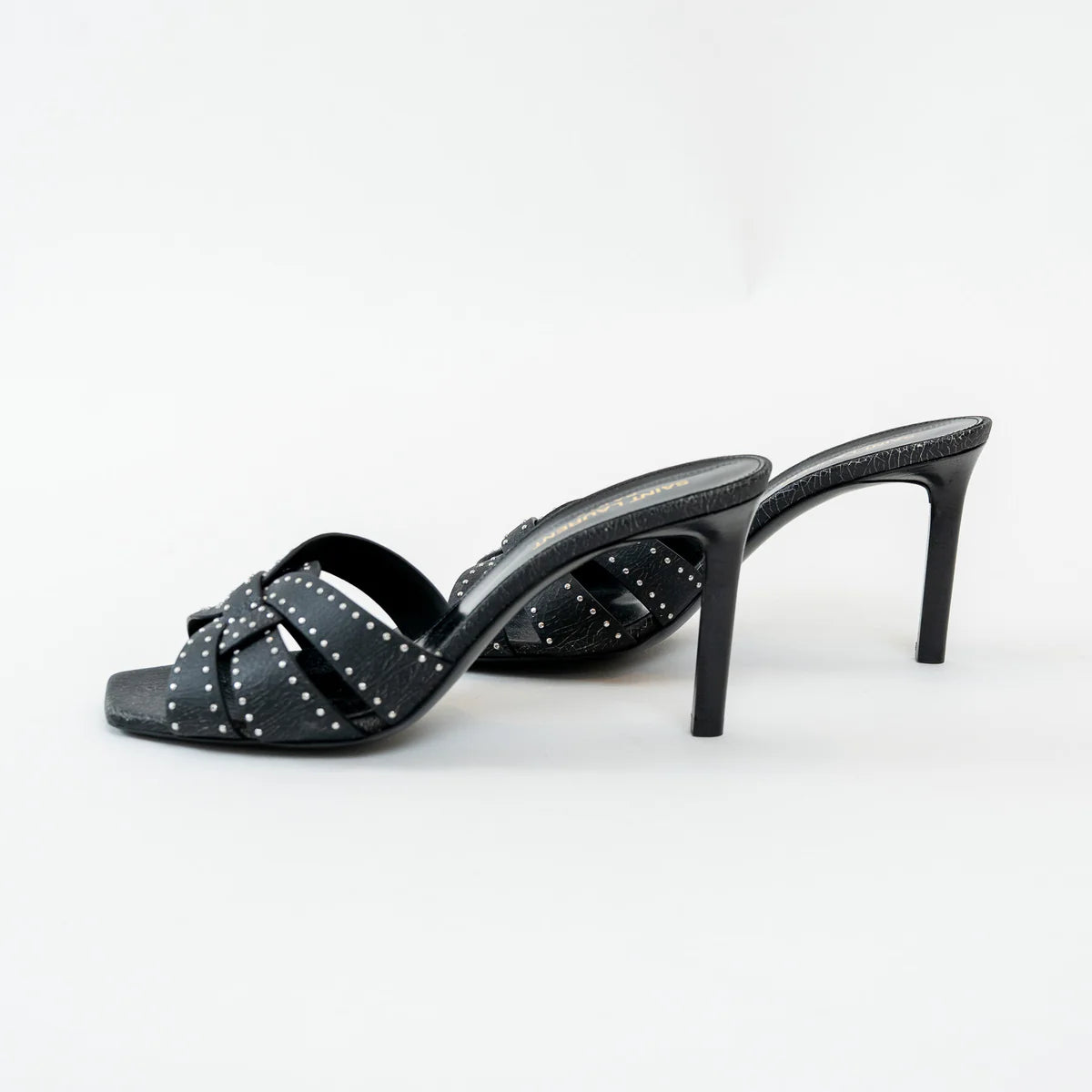 Saint Laurent Black Cracked Leather Studded Sandals Size 38.5 Coeur Cult Core