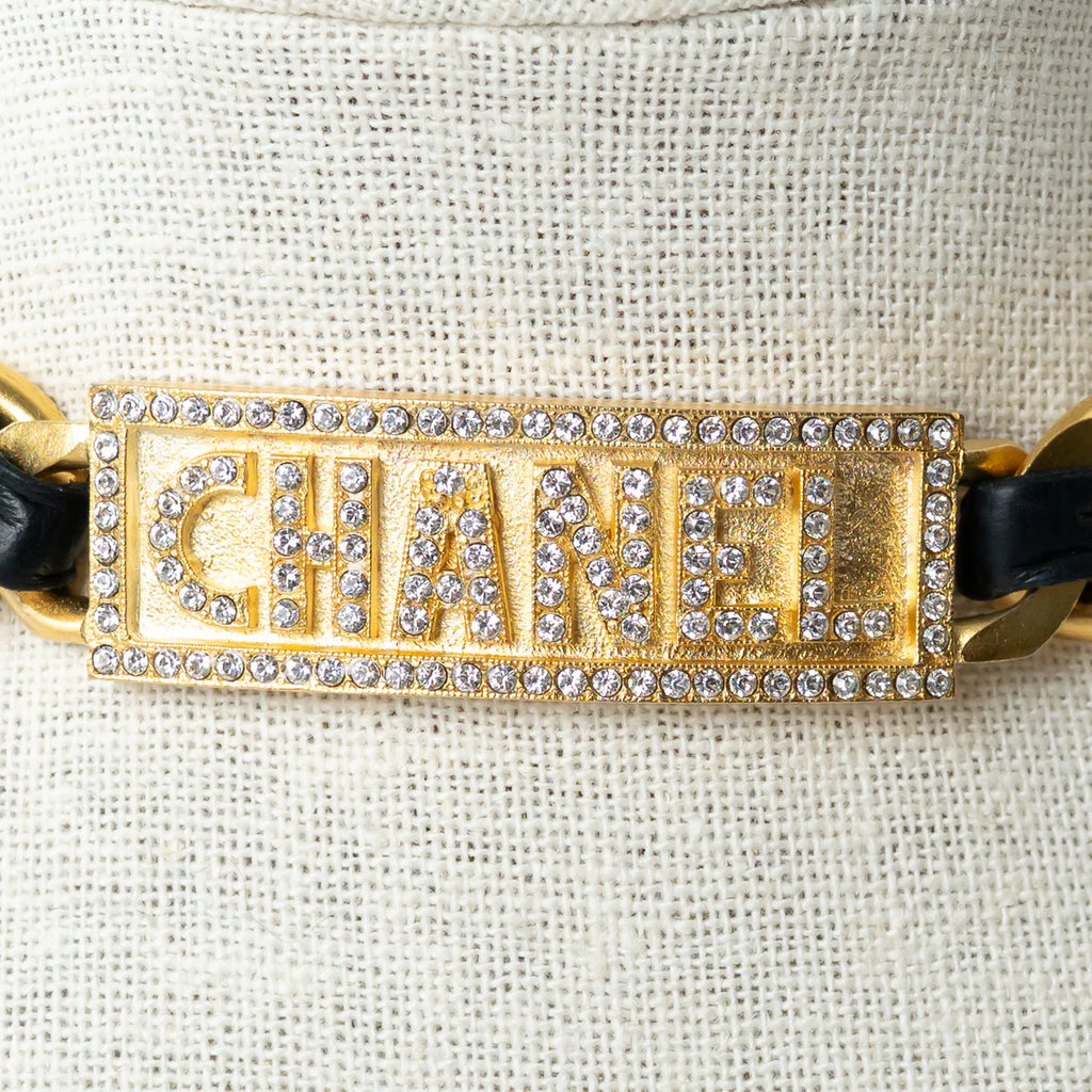 Pre-Loved Chanel™ Gold Tone Interlaced Leather and Chain Crystal Embellished Logo Choker Coeur Cult Core