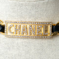Pre-Loved Chanel™ Gold Tone Interlaced Leather and Chain Crystal Embellished Logo Choker Coeur Cult Core