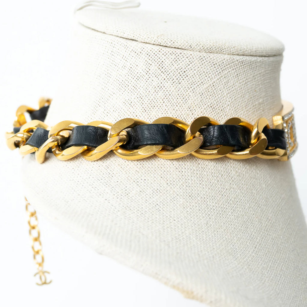Pre-Loved Chanel™ Gold Tone Interlaced Leather and Chain Crystal Embellished Logo Choker Coeur Cult Core