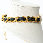 Pre-Loved Chanel™ Gold Tone Interlaced Leather and Chain Crystal Embellished Logo Choker Coeur Cult Core