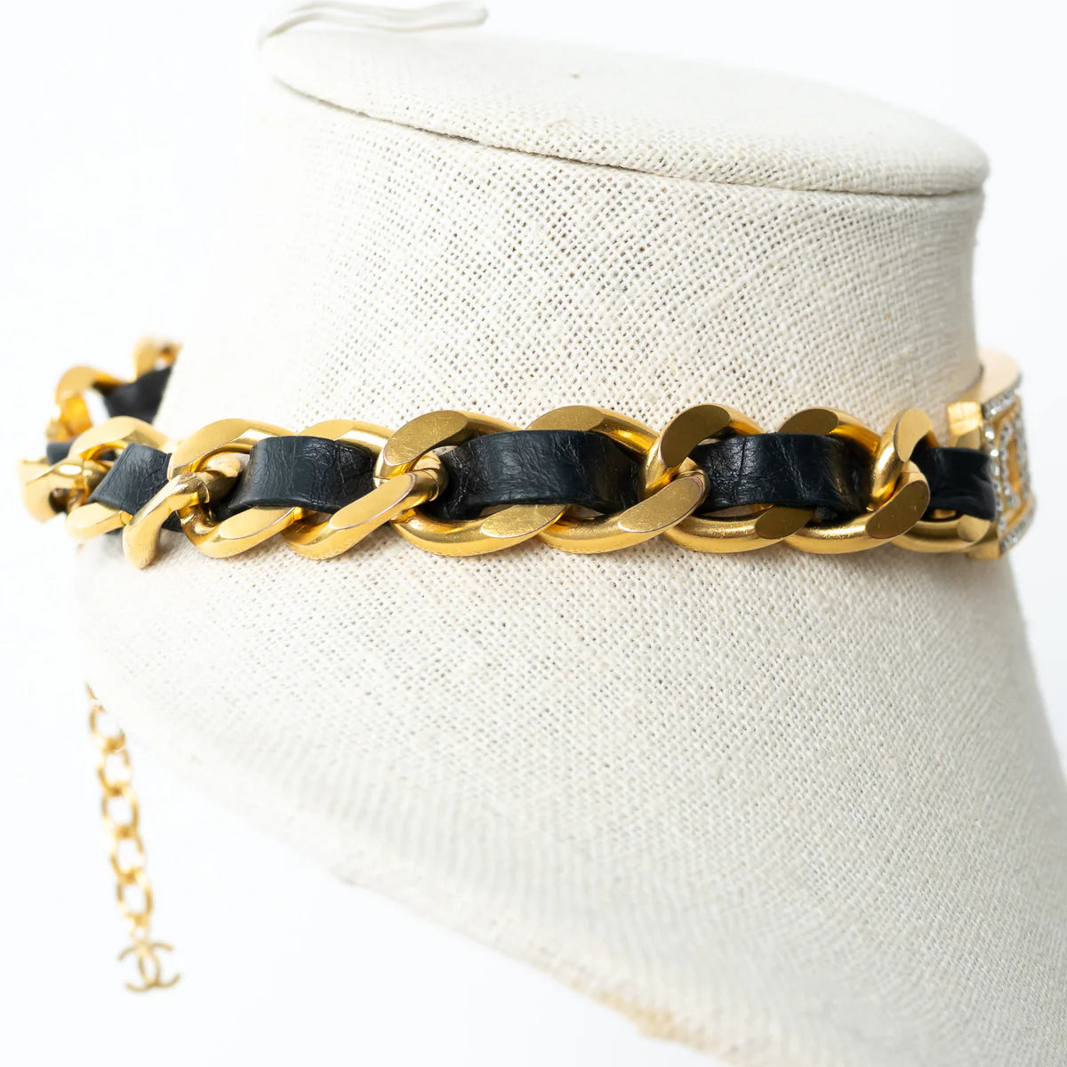 Pre-Loved Chanel™ Gold Tone Interlaced Leather and Chain Crystal Embellished Logo Choker Coeur Cult Core