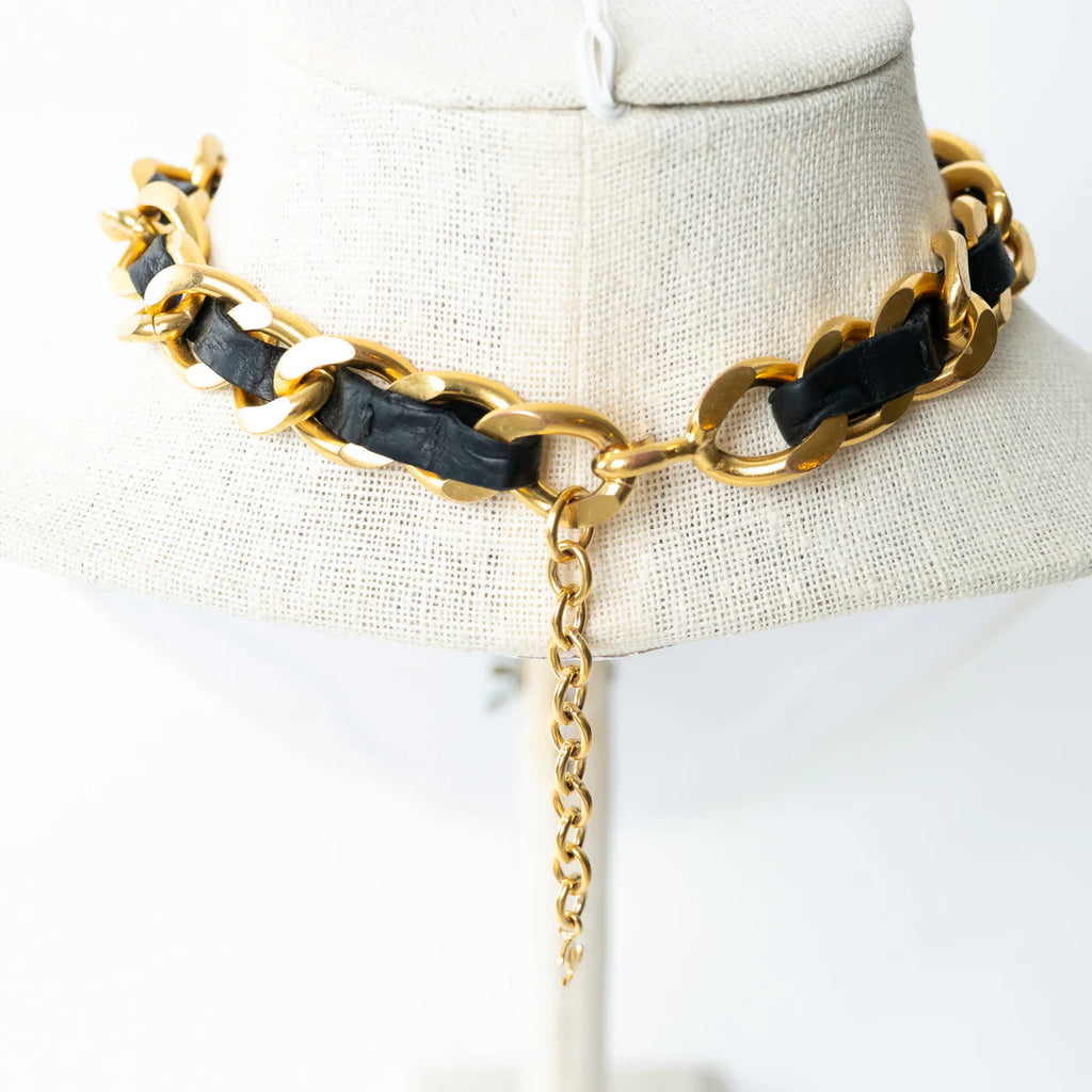Pre-Loved Chanel™ Gold Tone Interlaced Leather and Chain Crystal Embellished Logo Choker Coeur Cult Core