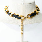 Pre-Loved Chanel™ Gold Tone Interlaced Leather and Chain Crystal Embellished Logo Choker Coeur Cult Core