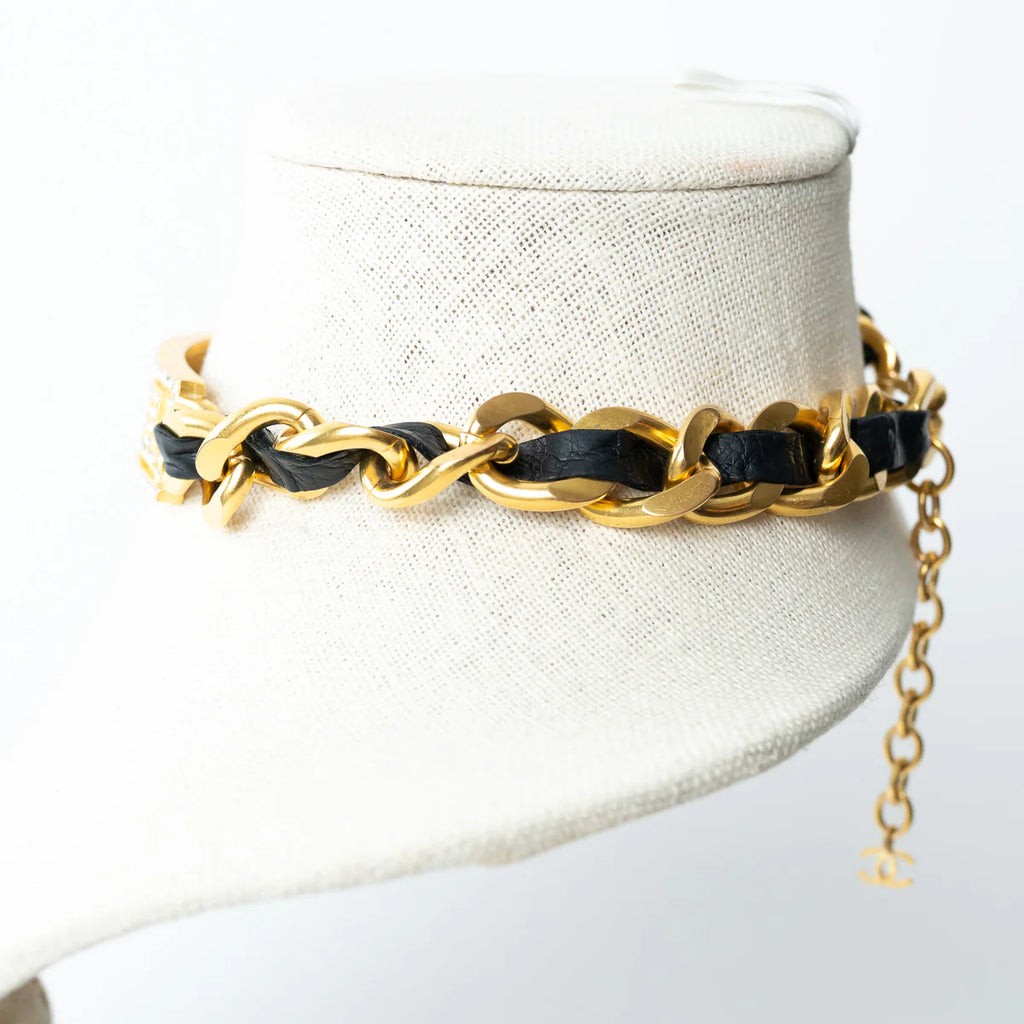 Pre-Loved Chanel™ Gold Tone Interlaced Leather and Chain Crystal Embellished Logo Choker Coeur Cult Core