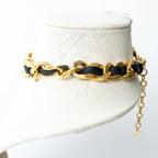 Pre-Loved Chanel™ Gold Tone Interlaced Leather and Chain Crystal Embellished Logo Choker Coeur Cult Core