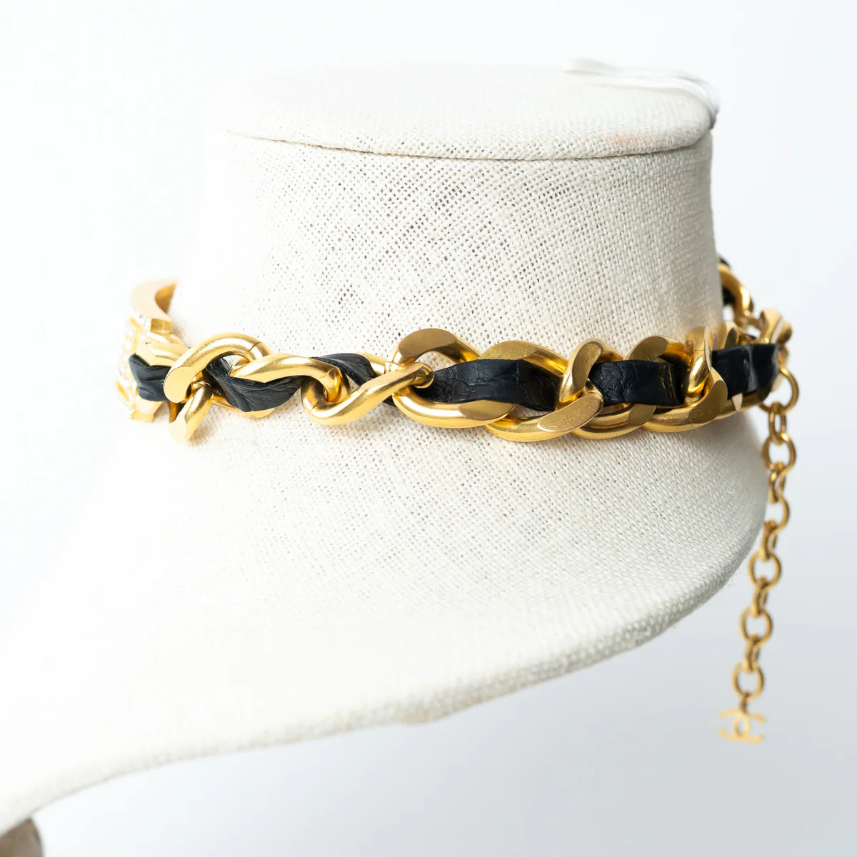 Pre-Loved Chanel™ Gold Tone Interlaced Leather and Chain Crystal Embellished Logo Choker Coeur Cult Core