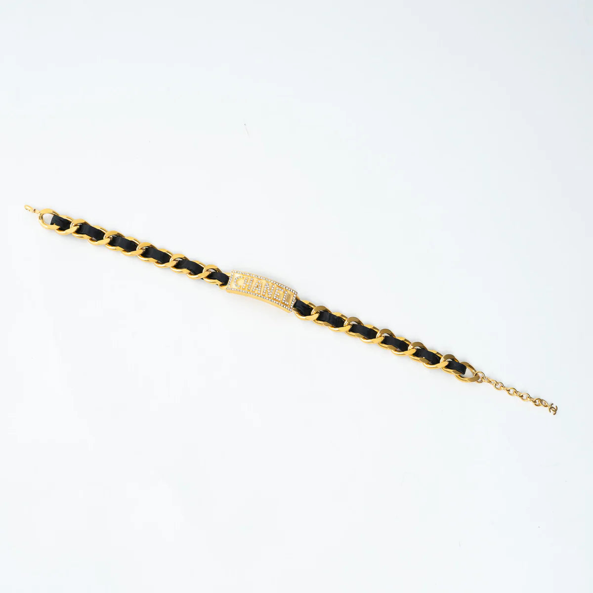 Pre-Loved Chanel™ Gold Tone Interlaced Leather and Chain Crystal Embellished Logo Choker Coeur Cult Core