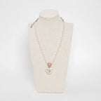 Gold Tone Faux Pearl Crystal Heart Pendant Necklace