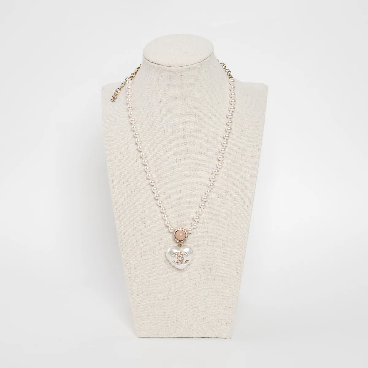 Gold Tone Faux Pearl Crystal Heart Pendant Necklace