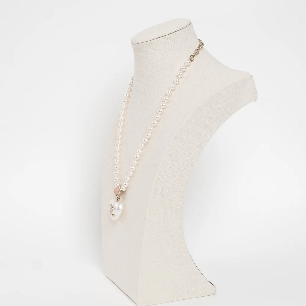 Gold Tone Faux Pearl Crystal Heart Pendant Necklace