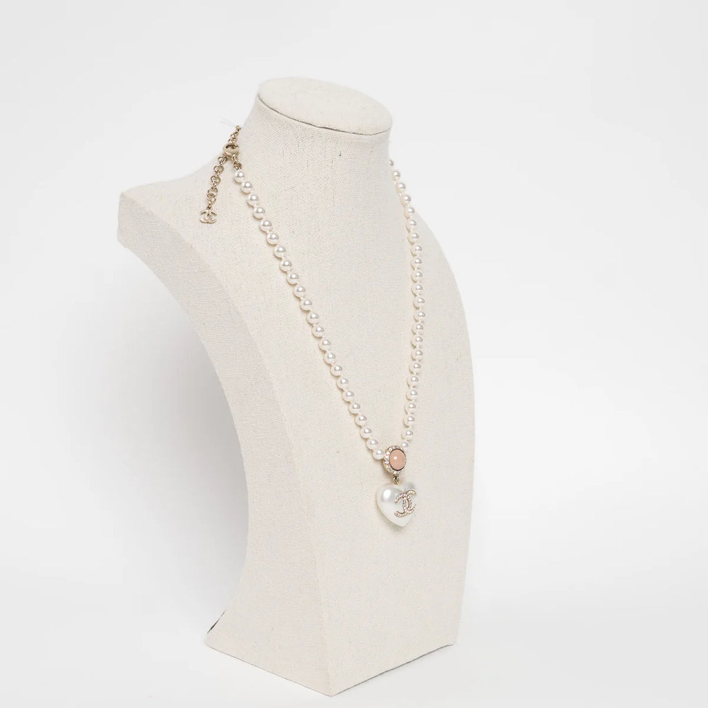 Gold Tone Faux Pearl Crystal Heart Pendant Necklace