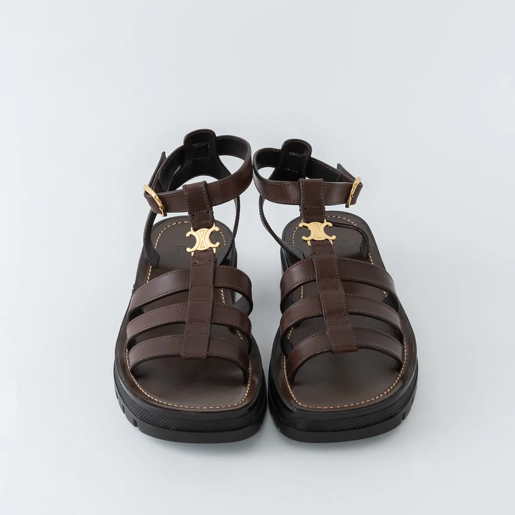 Dark Brown Calfskin Leather Clea Triomphe Gladiator Sandals Size 38