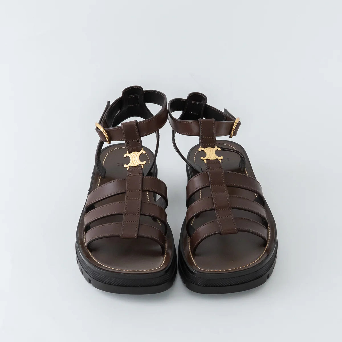 Dark Brown Calfskin Leather Clea Triomphe Gladiator Sandals Size 38