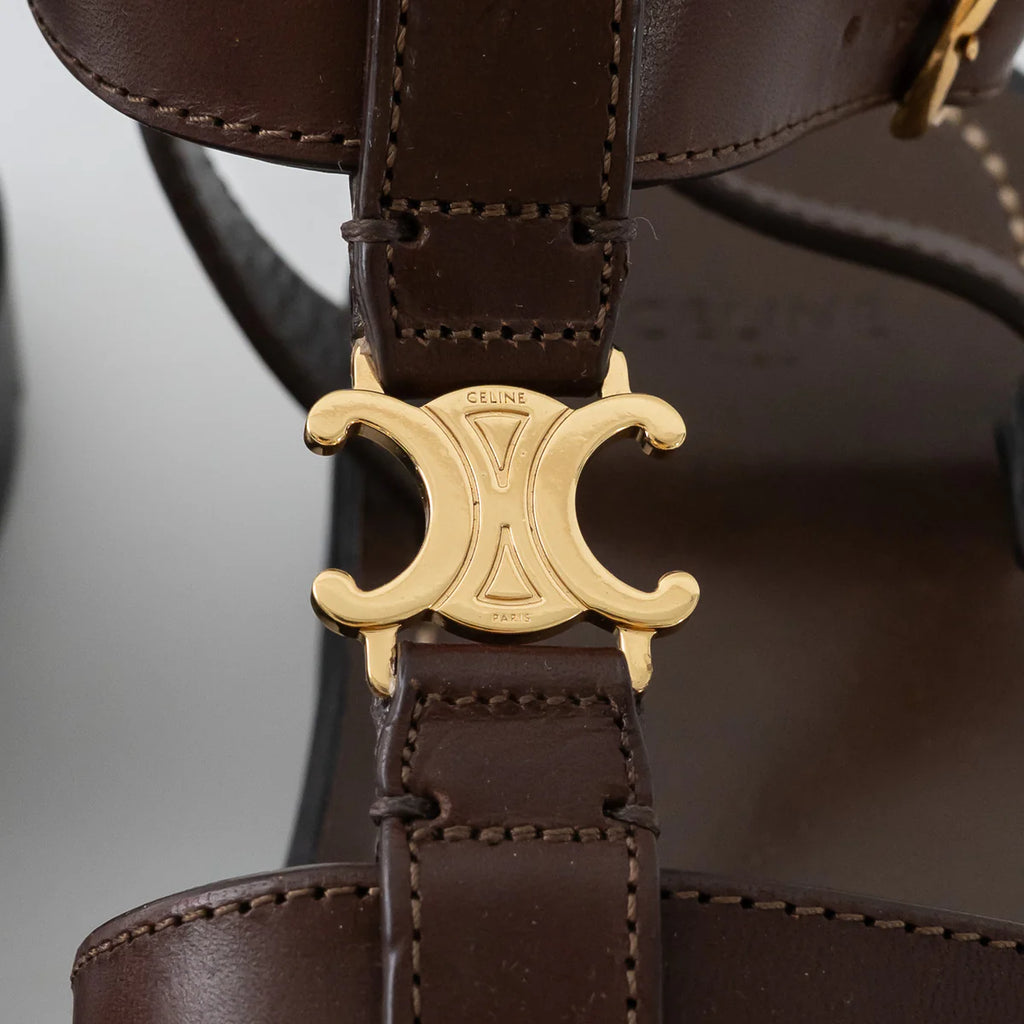 Dark Brown Calfskin Leather Clea Triomphe Gladiator Sandals Size 38