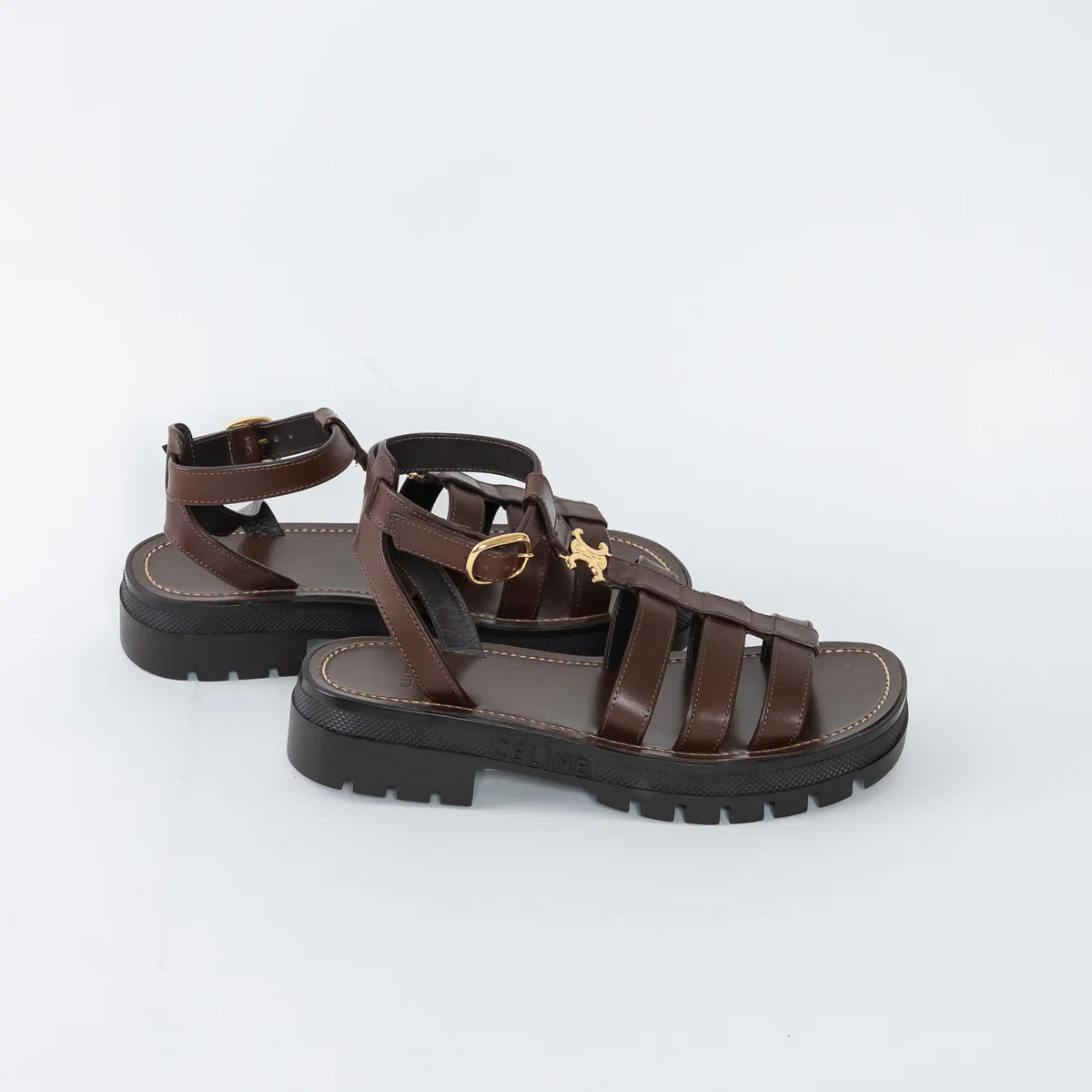 Dark Brown Calfskin Leather Clea Triomphe Gladiator Sandals Size 38