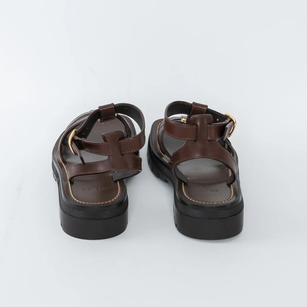 Dark Brown Calfskin Leather Clea Triomphe Gladiator Sandals Size 38