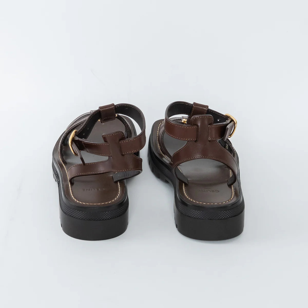 Dark Brown Calfskin Leather Clea Triomphe Gladiator Sandals Size 38