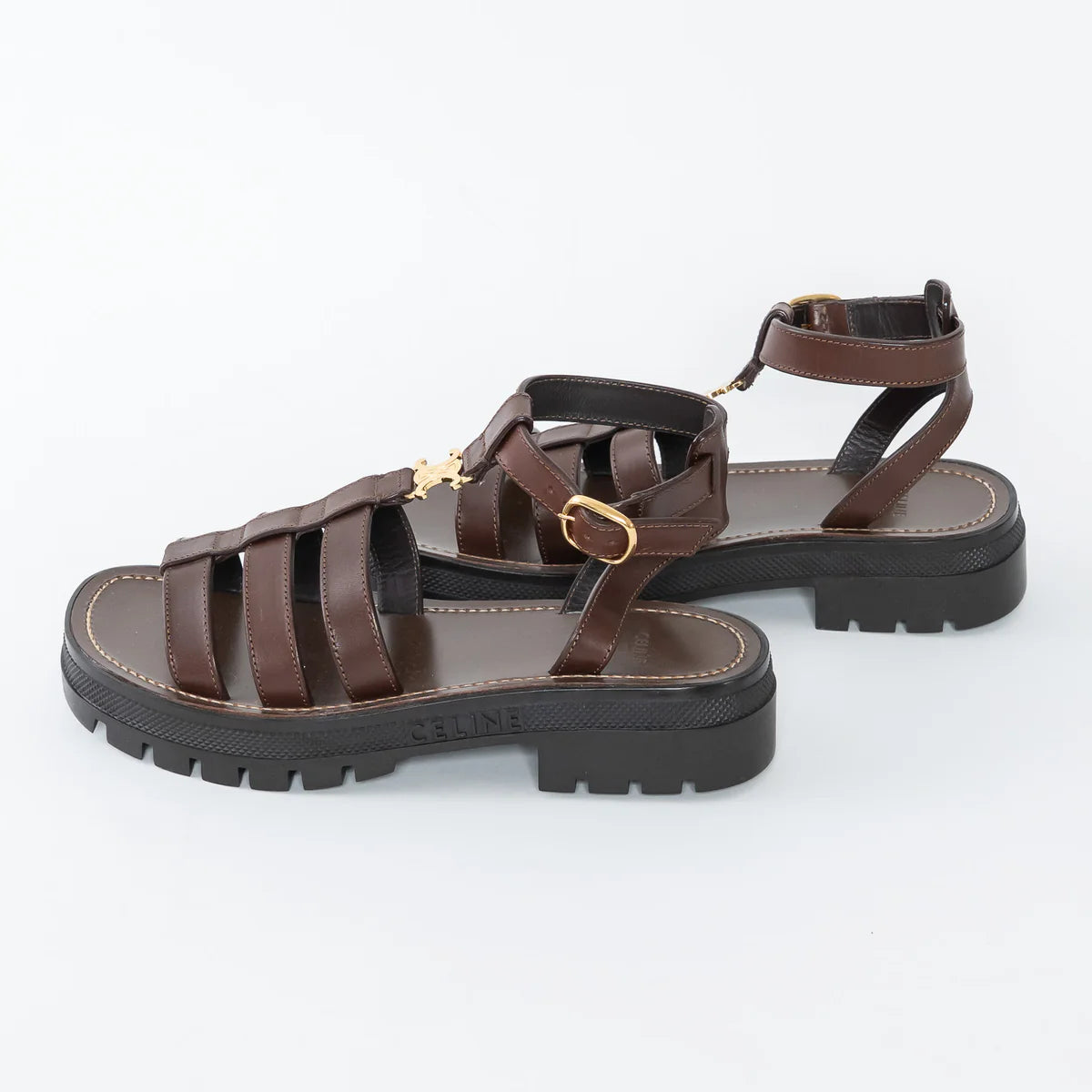 Dark Brown Calfskin Leather Clea Triomphe Gladiator Sandals Size 38