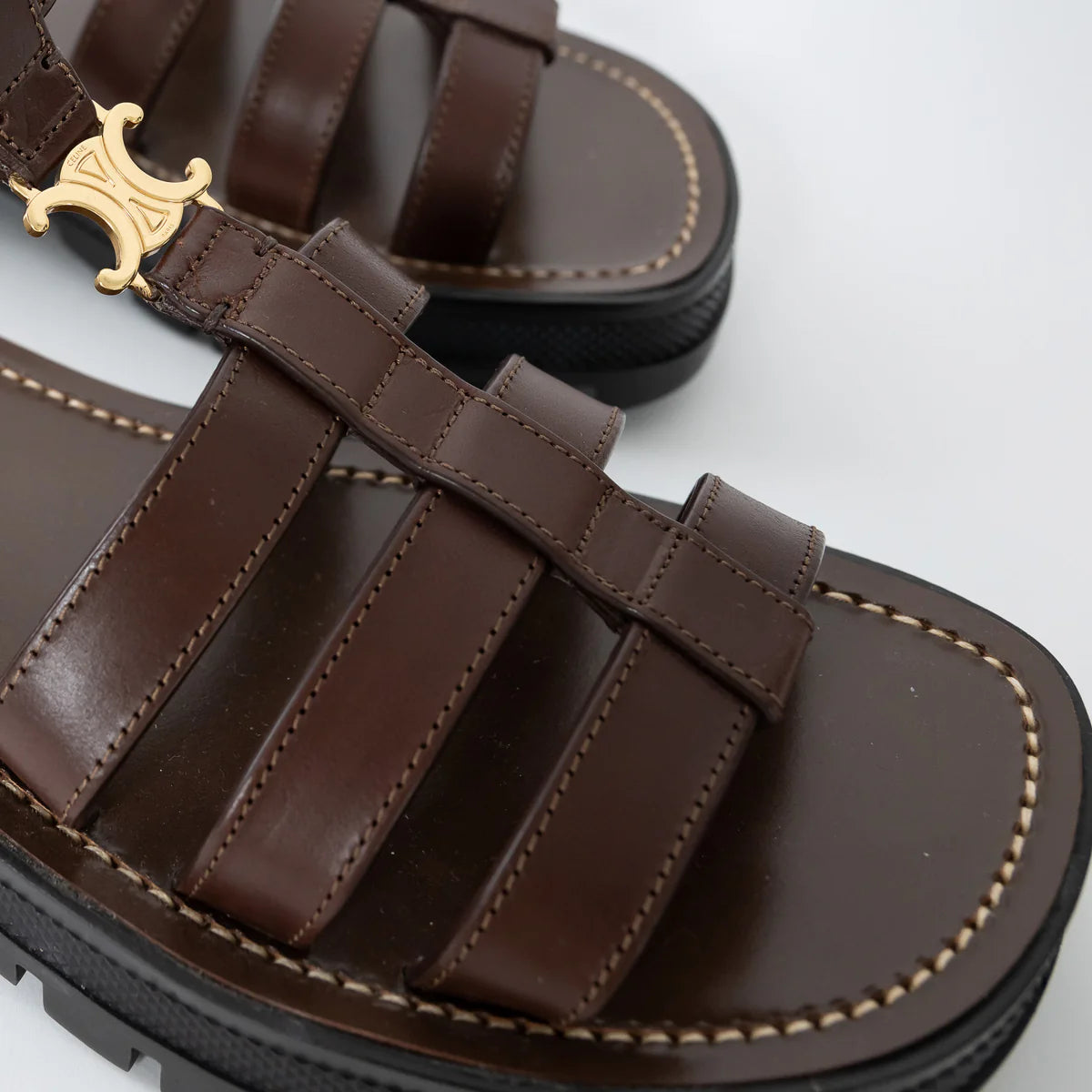 Dark Brown Calfskin Leather Clea Triomphe Gladiator Sandals Size 38