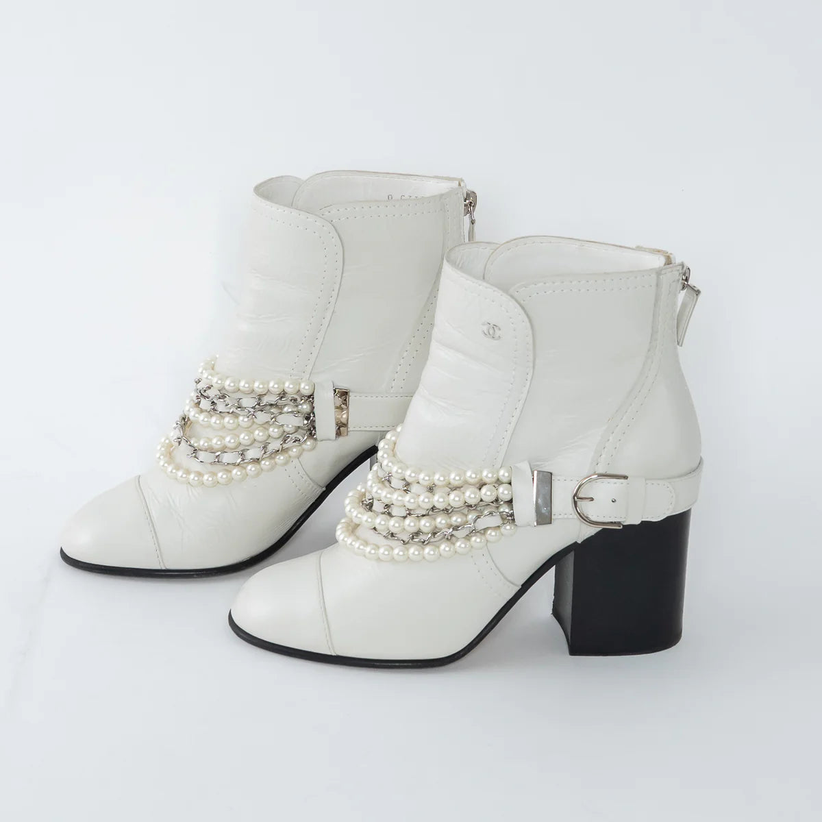 White Leather Faux Pearl Boots Size 38.5