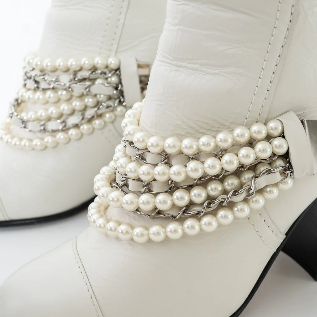 White Leather Faux Pearl Boots Size 38.5