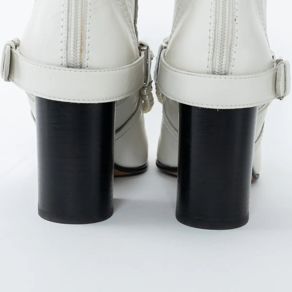 White Leather Faux Pearl Boots Size 38.5
