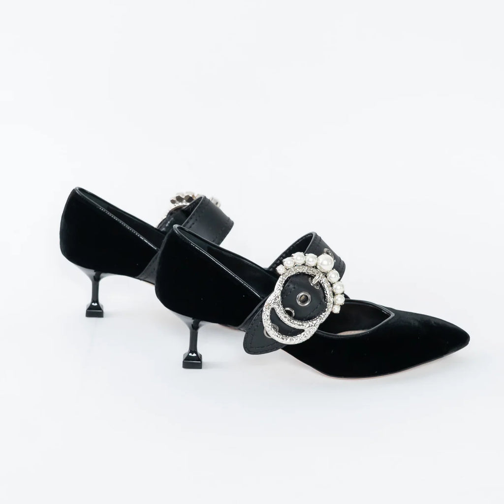 Black Velvet Faux Pearl Pumps Size 37