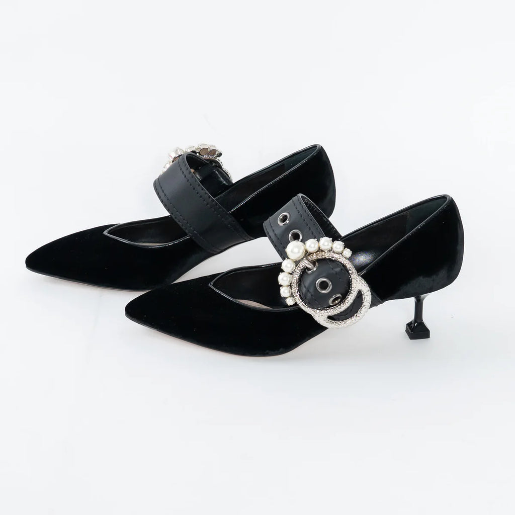 Black Velvet Faux Pearl Pumps Size 37