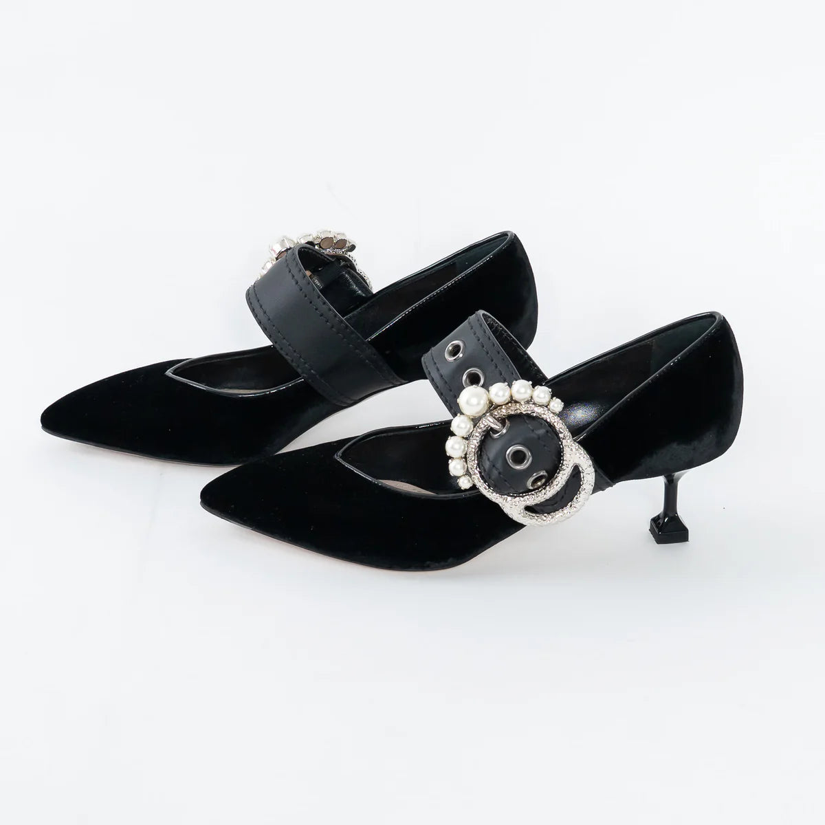 Black Velvet Faux Pearl Pumps Size 37