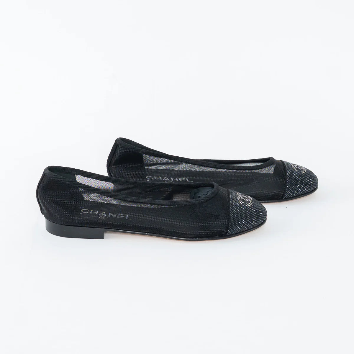 Black Mesh Crystal Embellished Ballet Flats Size 36.5C