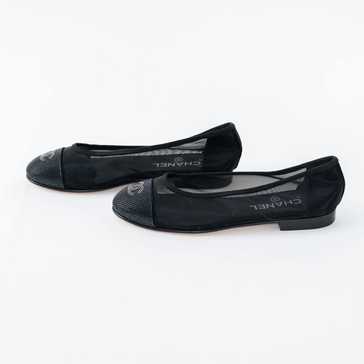 Black Mesh Crystal Embellished Ballet Flats Size 36.5C