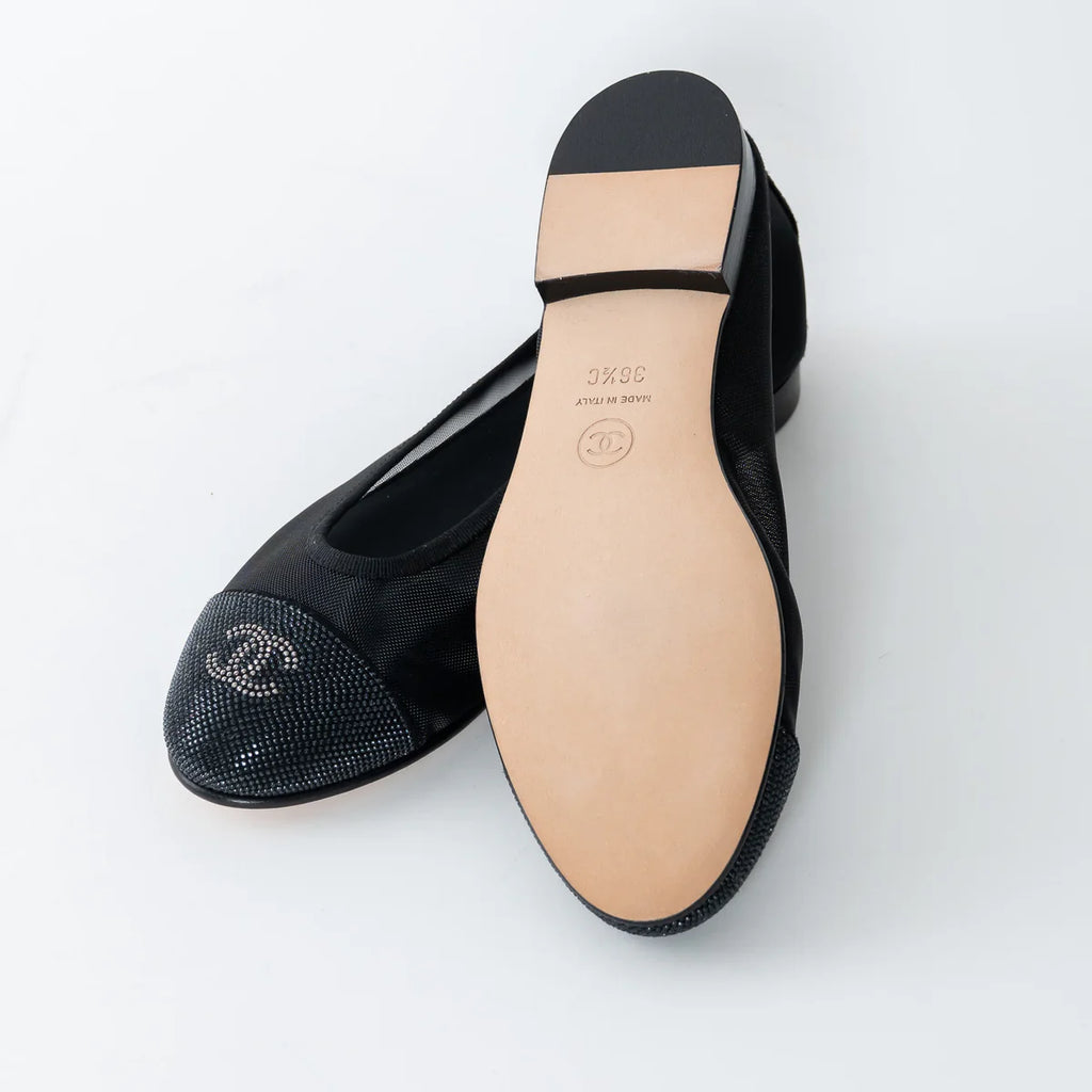 Black Mesh Crystal Embellished Ballet Flats Size 36.5C