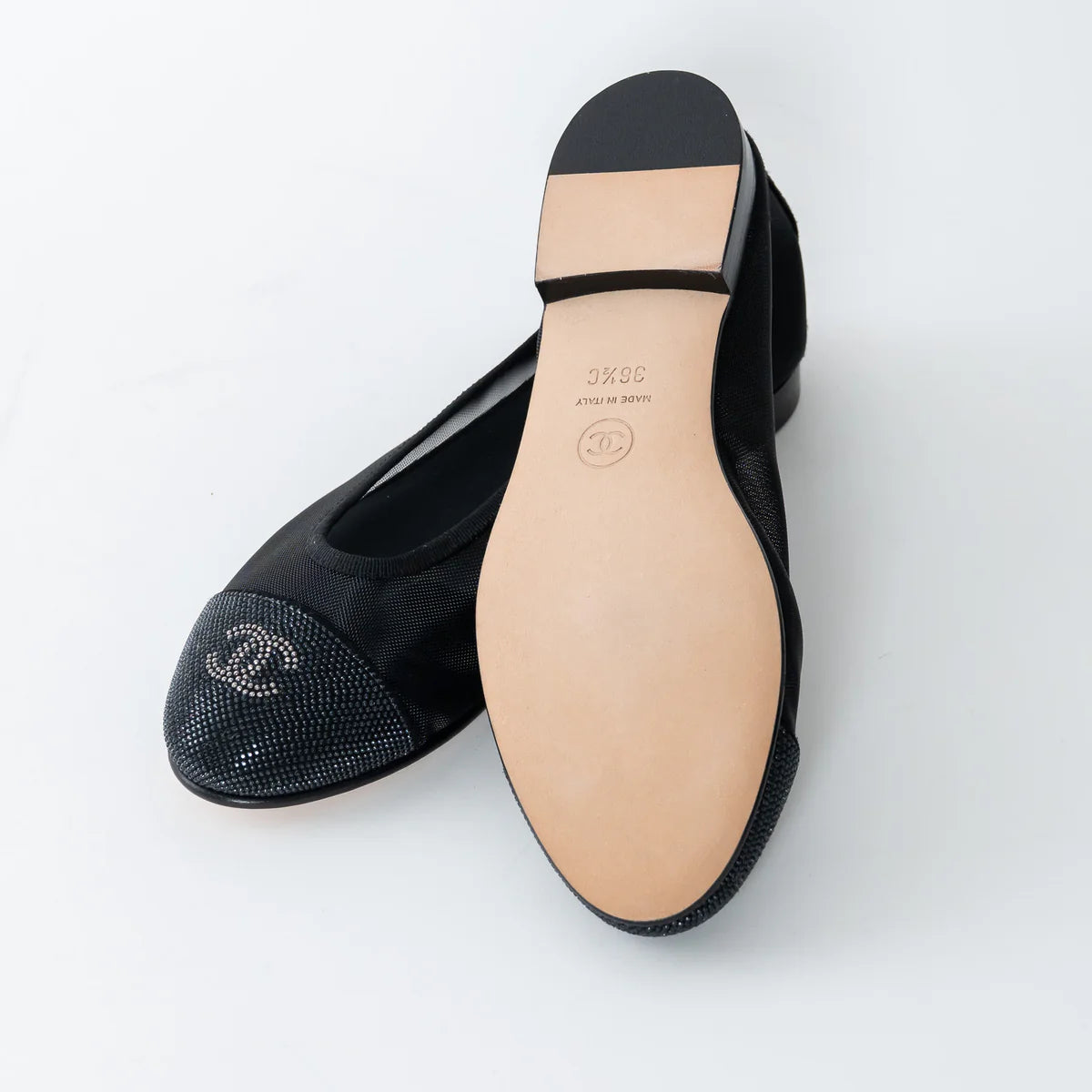 Black Mesh Crystal Embellished Ballet Flats Size 36.5C