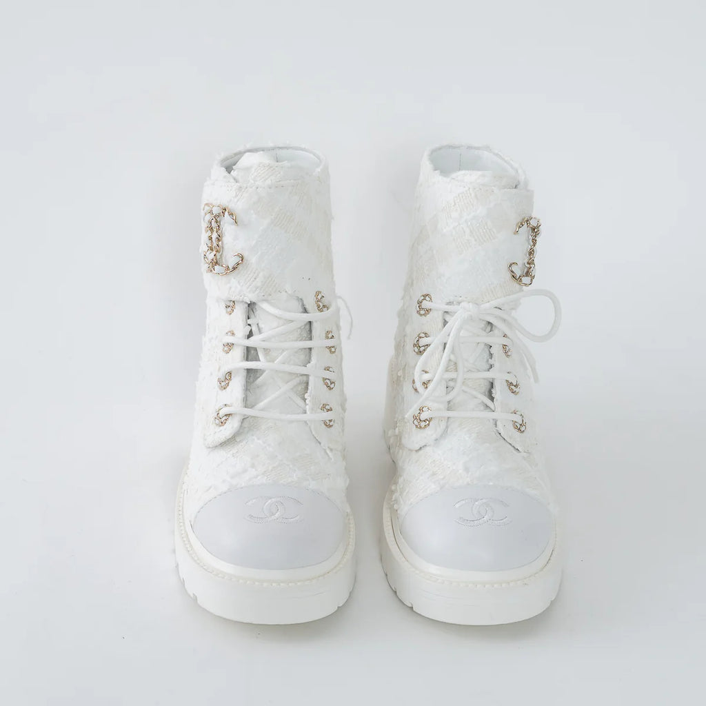 White Tweed Brave Combat Boots Size 37.5C