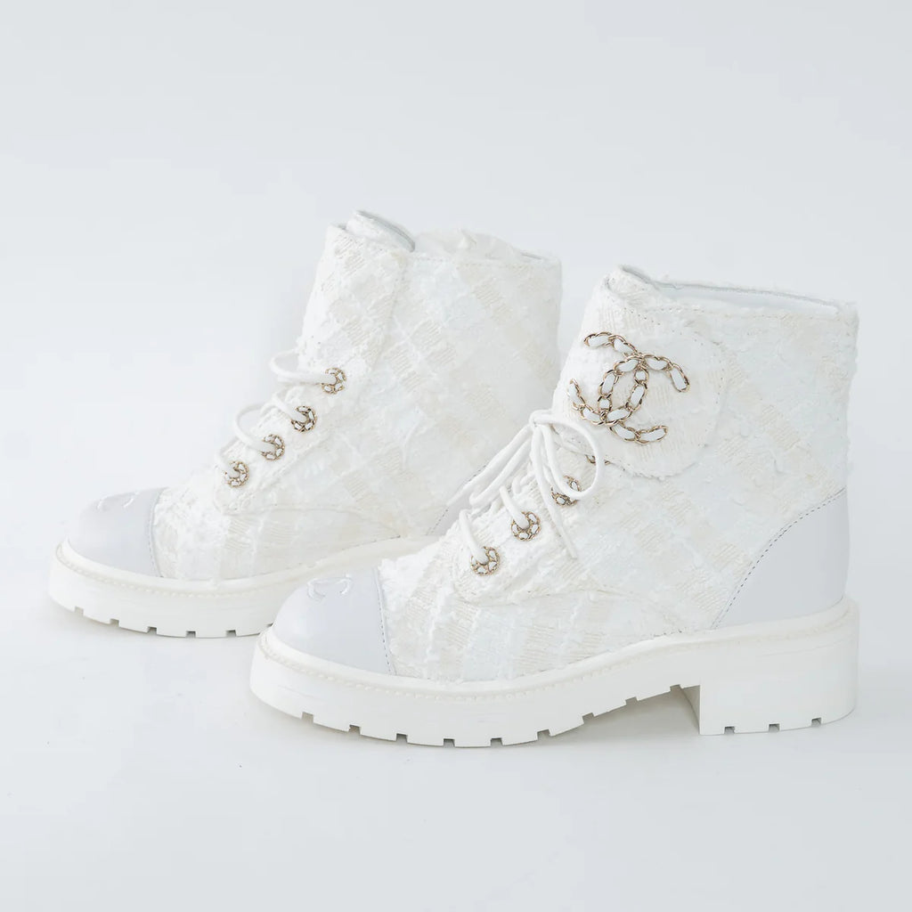 White Tweed Brave Combat Boots Size 37.5C