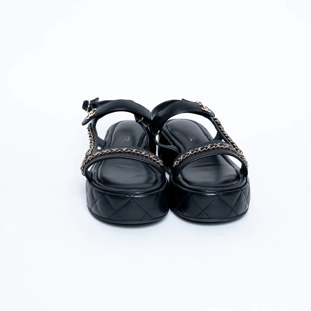 Quilted Leather Platform Sandals with Chain Details Size 39.5