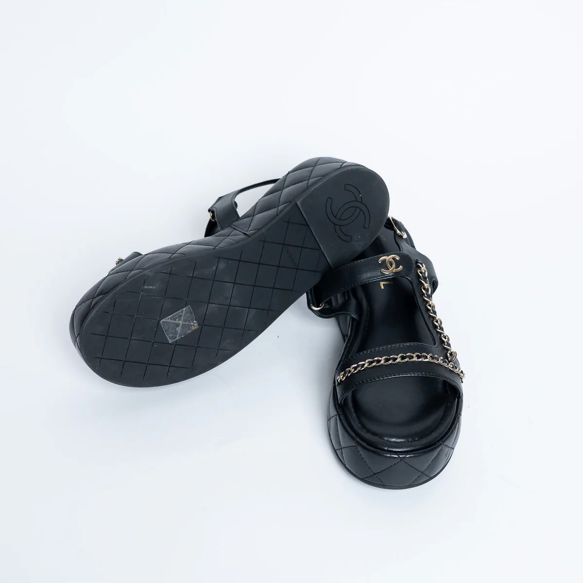 Quilted Leather Platform Sandals with Chain Details Size 39.5