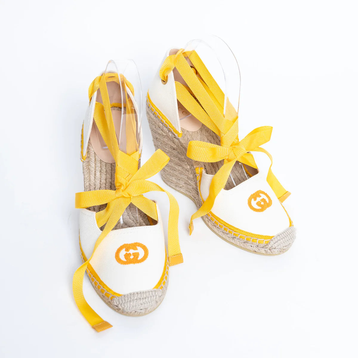 Yellow and White Canvas Espadrille Wedges with Ties Size 38