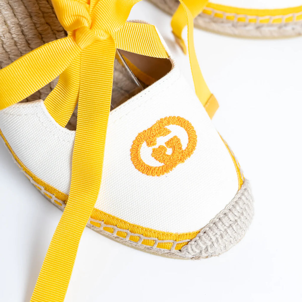 Yellow and White Canvas Espadrille Wedges with Ties Size 38