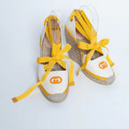 Yellow and White Canvas Espadrille Wedges with Ties Size 38