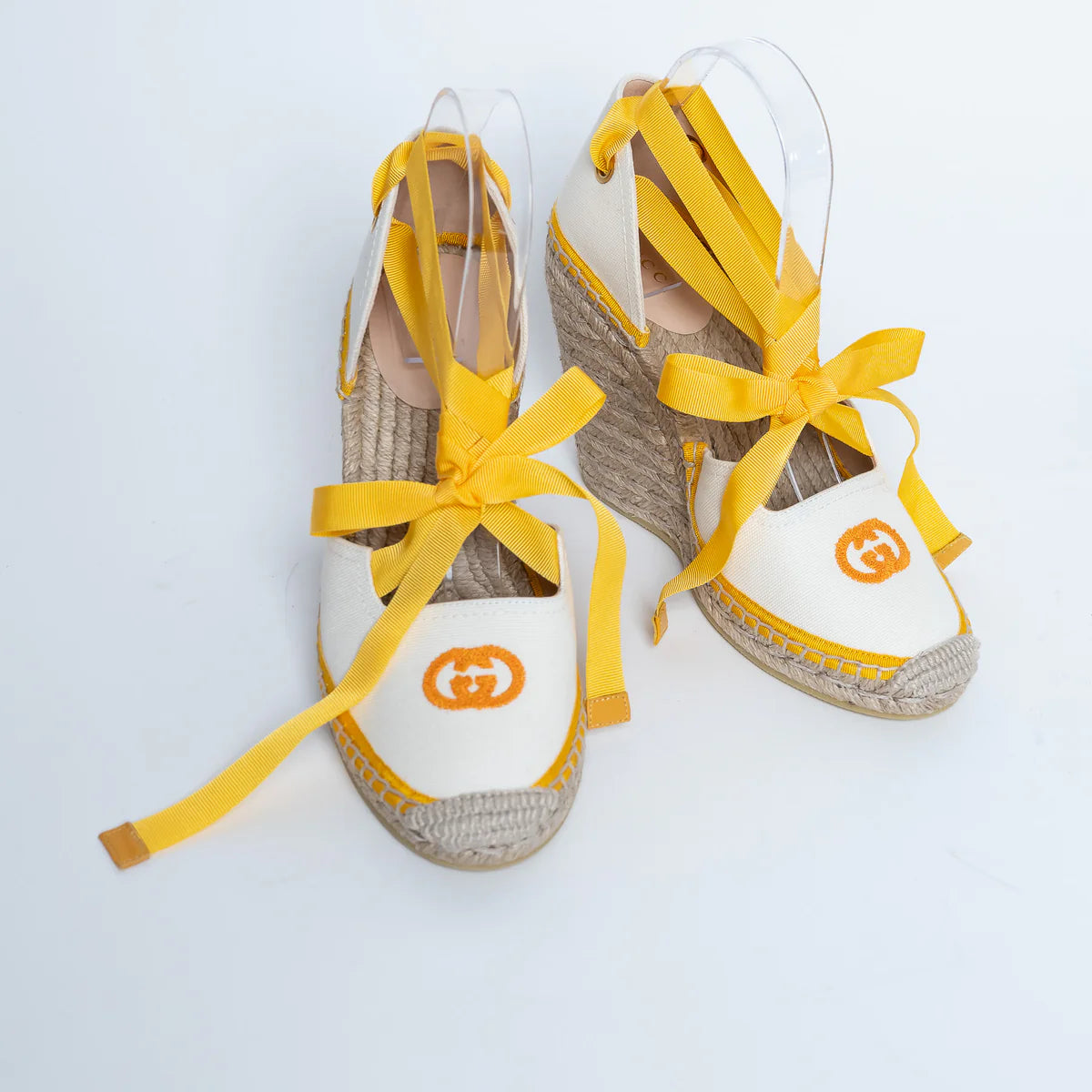 Yellow and White Canvas Espadrille Wedges with Ties Size 38