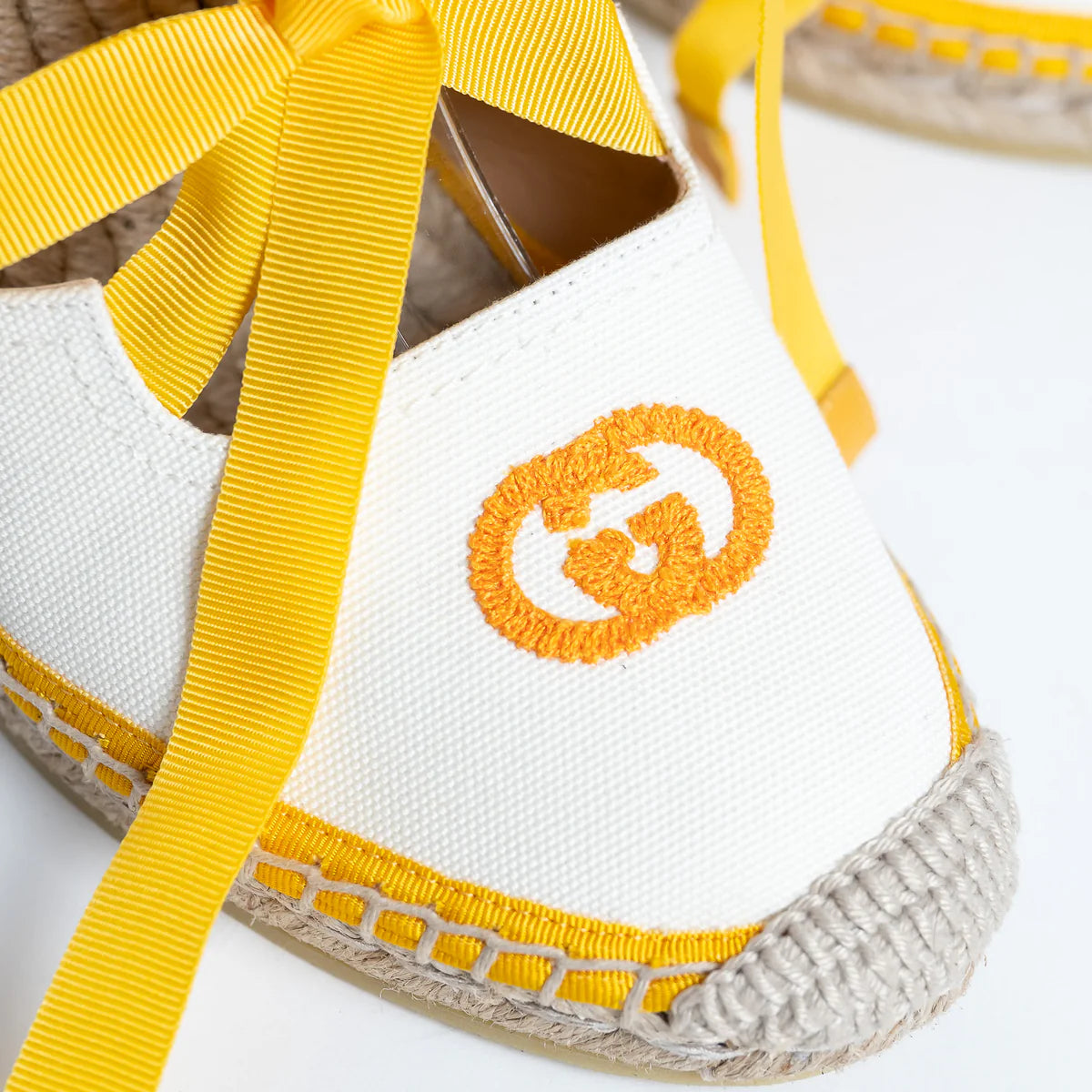 Yellow and White Canvas Espadrille Wedges with Ties Size 38
