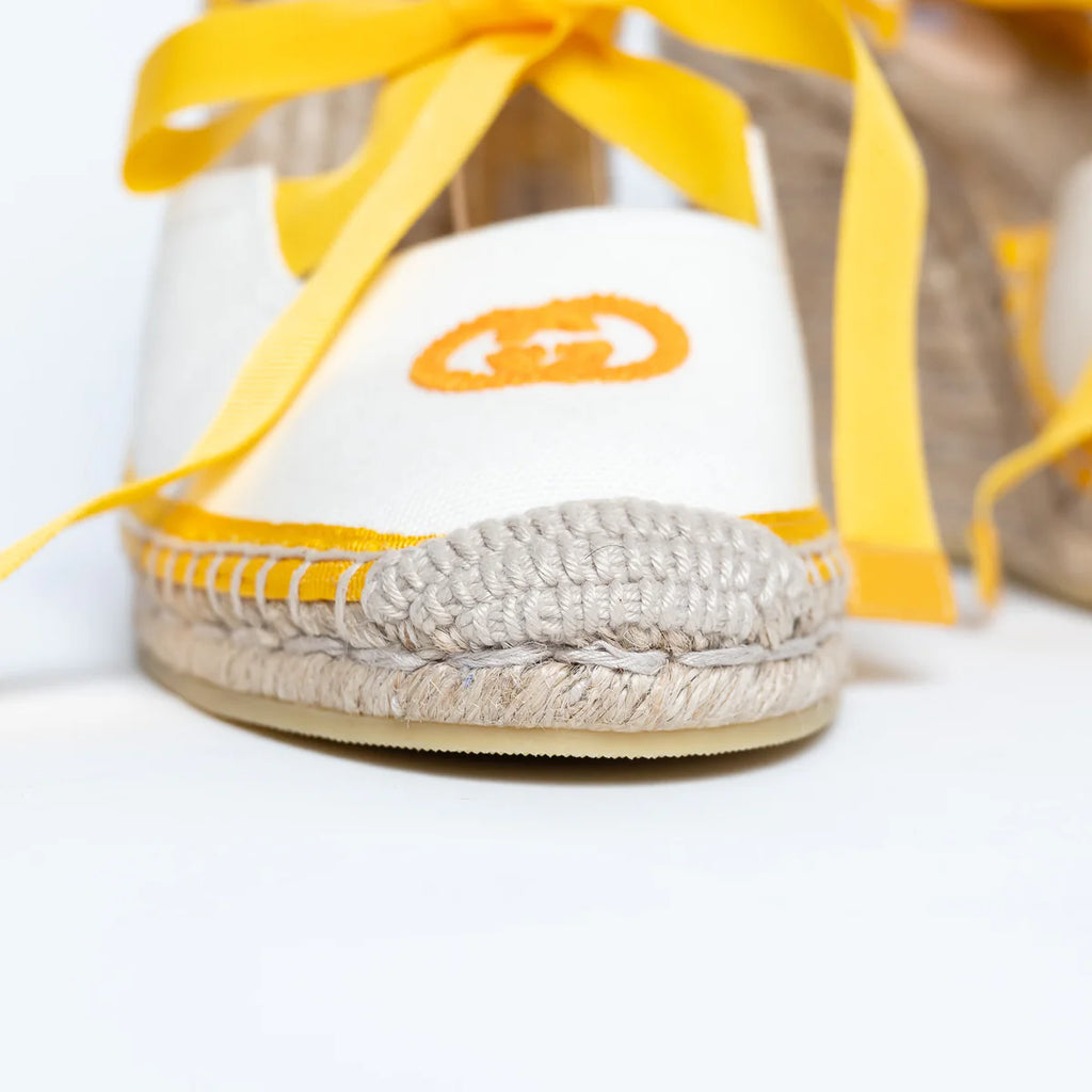 Yellow and White Canvas Espadrille Wedges with Ties Size 38